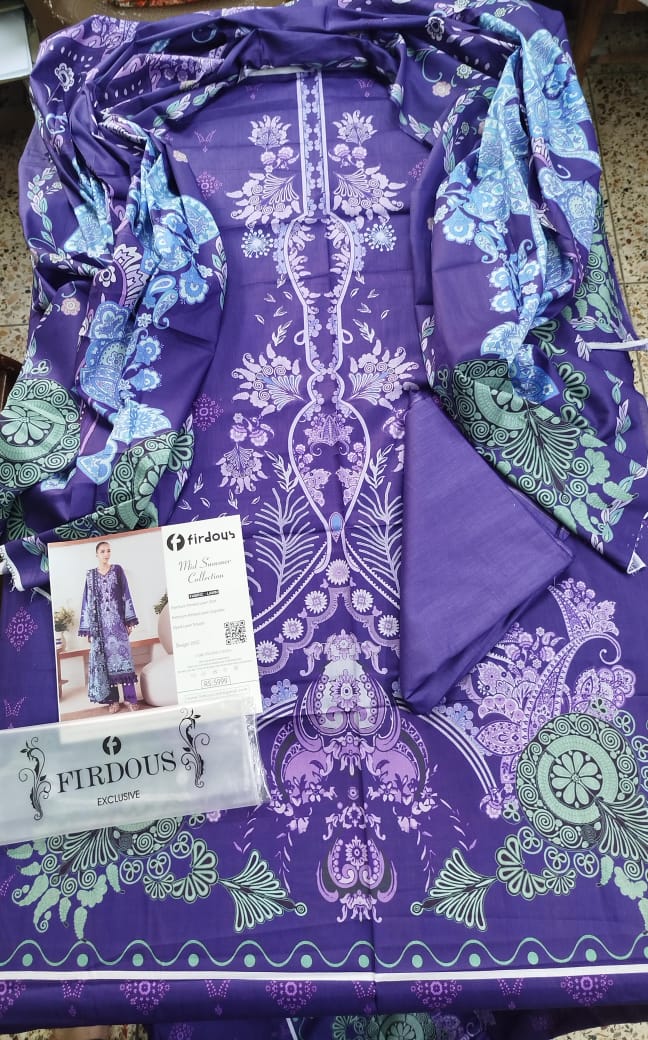 Firdous Premium Cambric 3-Piece Embroidered Suit with Heavy Four-Side Dupatta – Elegant Designer Collection