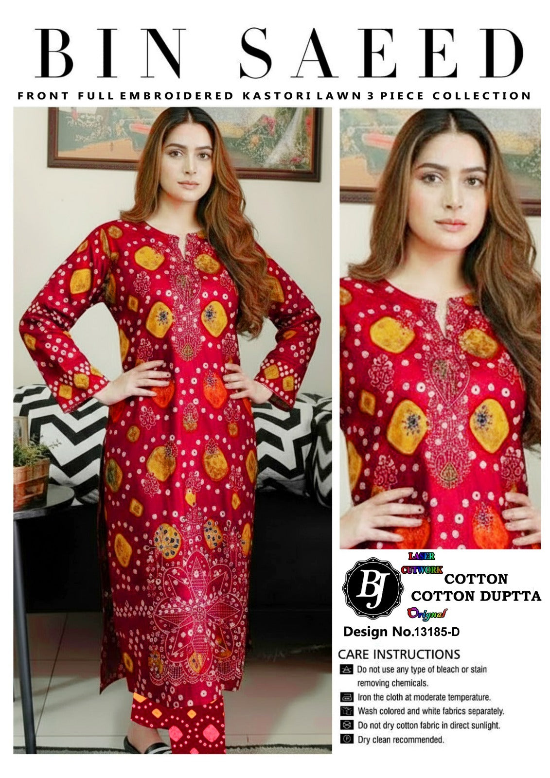 Bin Saeed Cotton 3-Piece Suit with Laser Cutwork Shirt & Printed Dupatta
