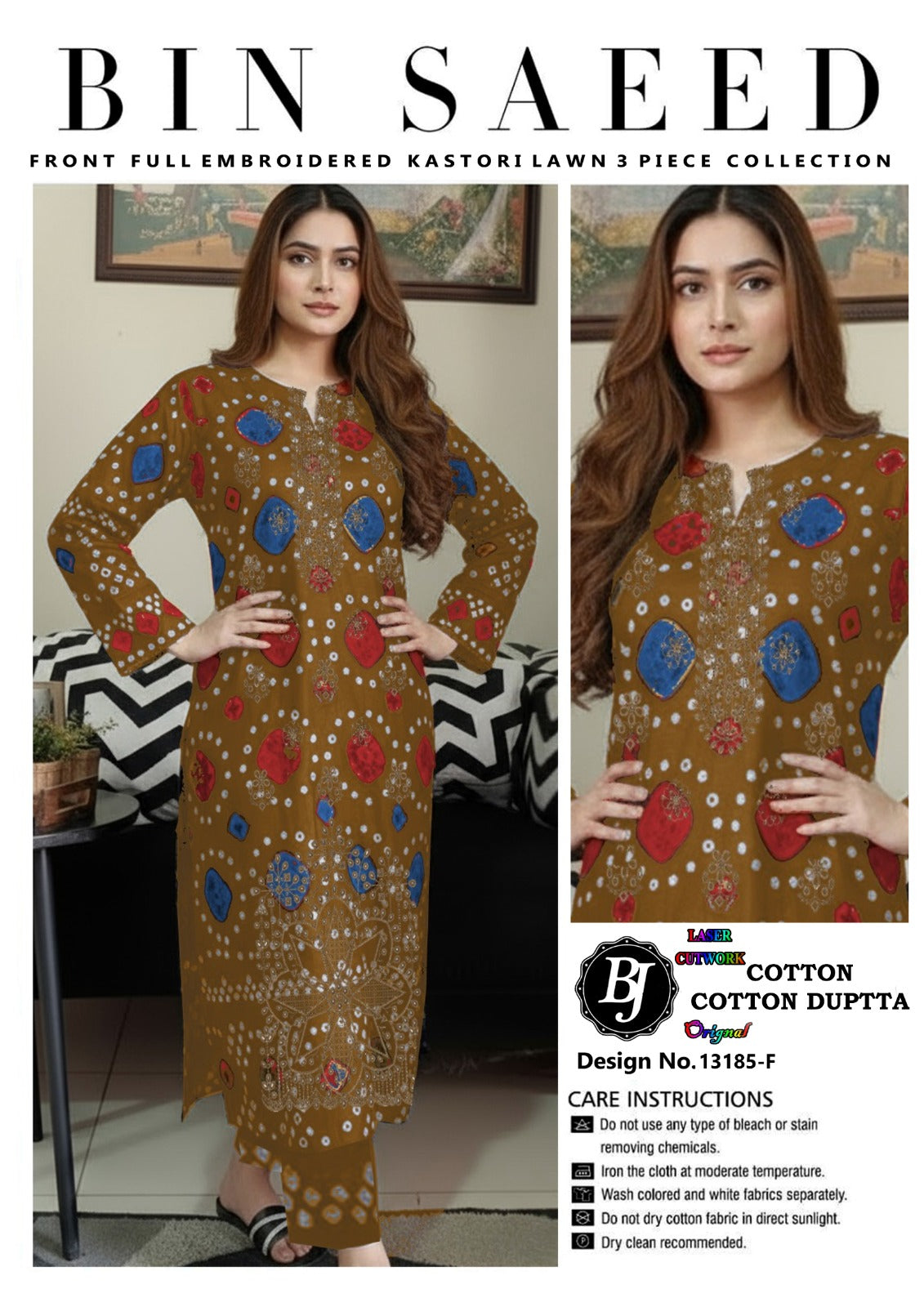 Bin Saeed Cotton 3-Piece Suit with Laser Cutwork Shirt & Printed Dupatta