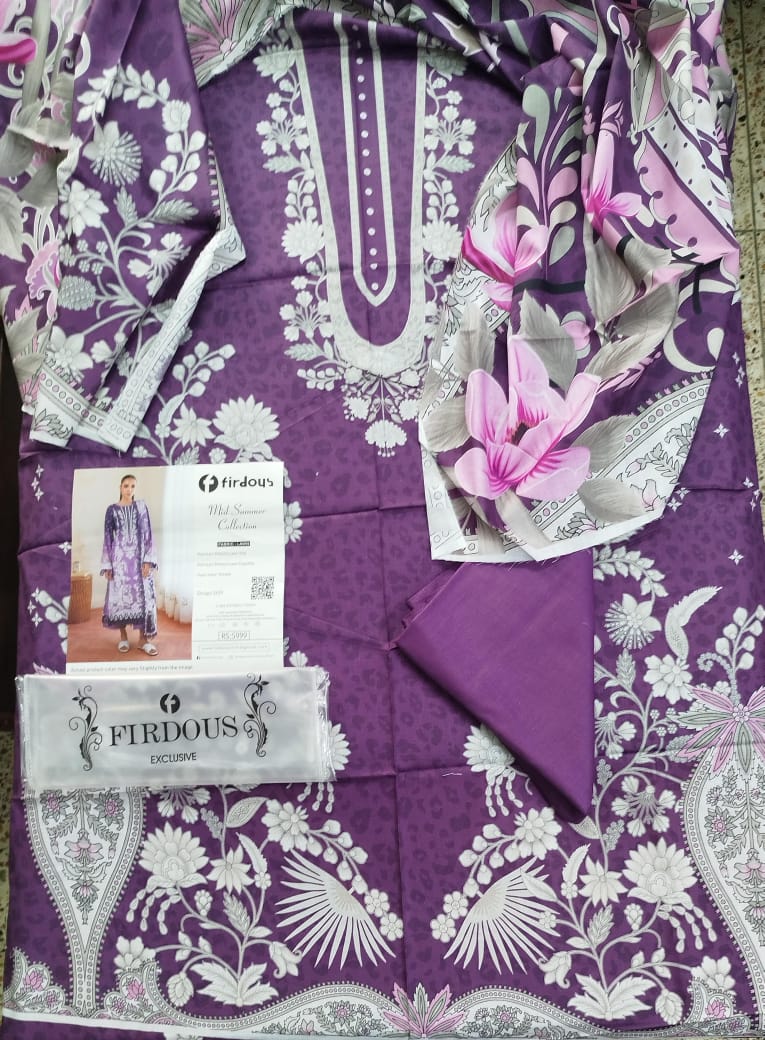 Firdous Cambric Luxury Embroidered 3-Piece Suit with Four-Side Heavy Dupatta