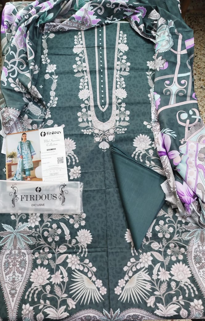 Firdous Cambric Luxury Embroidered 3-Piece Suit with Four-Side Heavy Dupatta