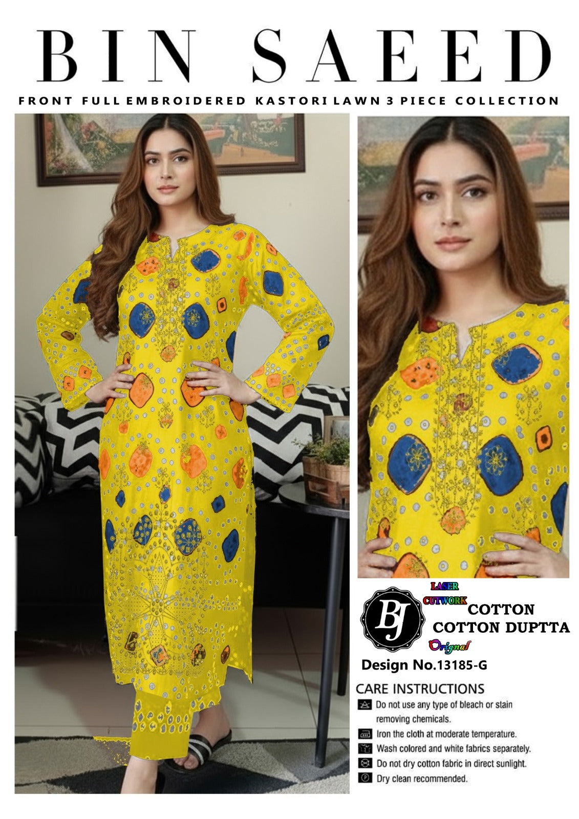Bin Saeed Cotton 3-Piece Suit with Laser Cutwork Shirt & Printed Dupatta