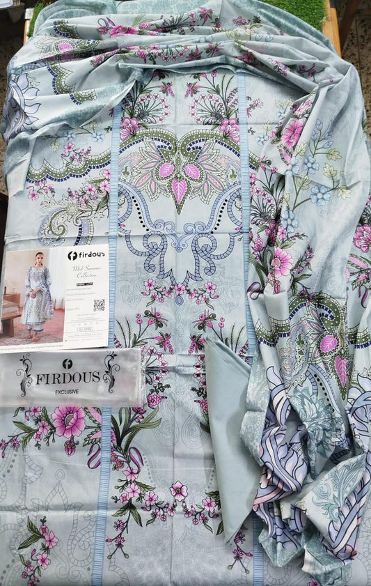 Firdous Cambric Luxury 3-Piece Embroidered Suit with Heavy Four-Side Dupatta – 2025 Collection