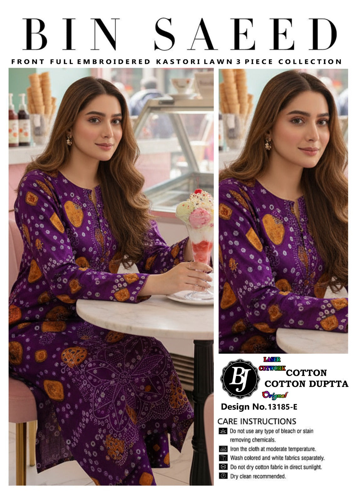 Bin Saeed Cotton 3-Piece Suit with Laser Cutwork Shirt & Printed Dupatta